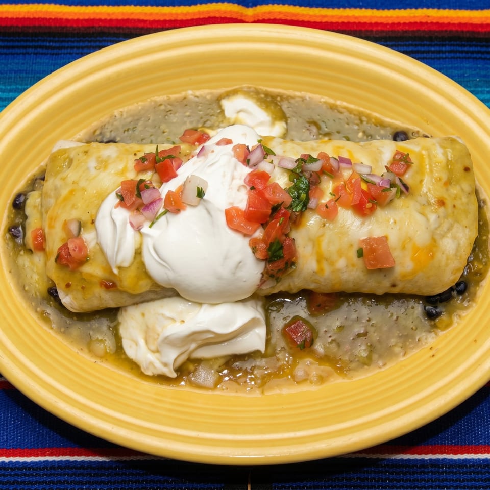 A large burrito covered in green chili, cheese, sour cream, and pico de gallo on a yellow plate.